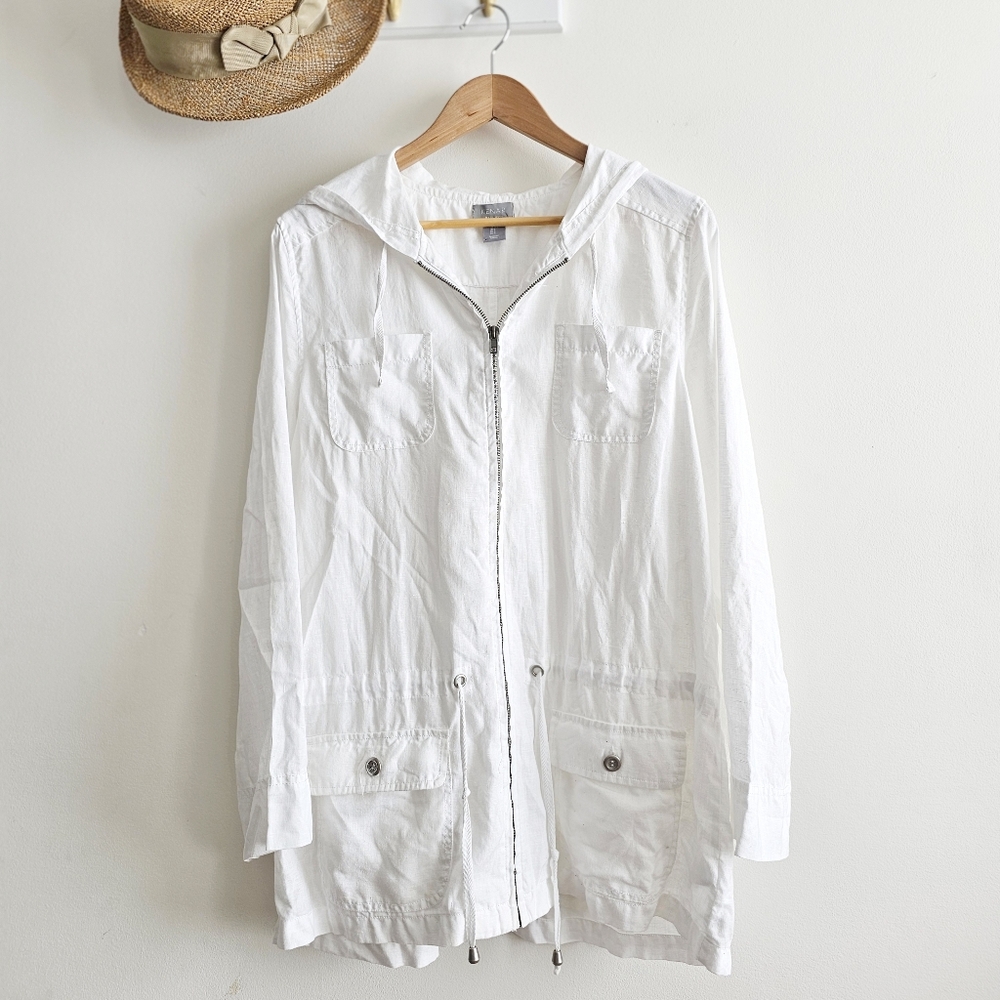 Kenar 100% Linen Jacket Women's Large White Full Zip Lightweight Hooded Coastal
